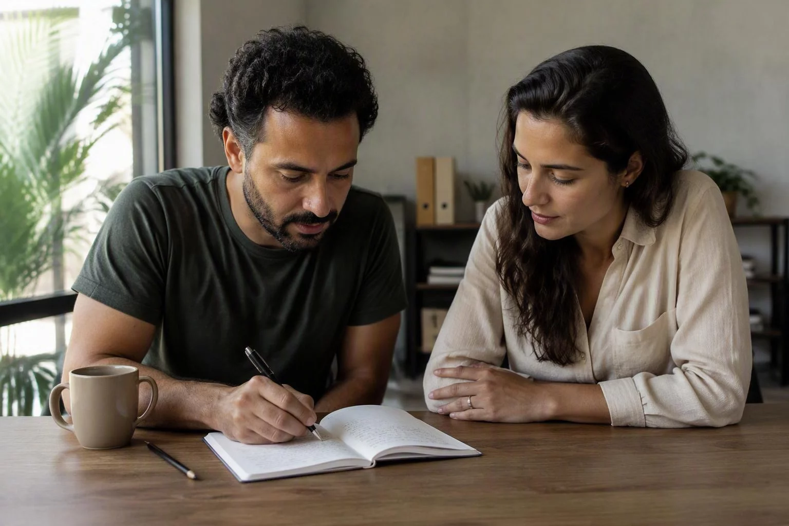 Duas pessoas sentadas lado a lado diante de um caderno aberto sobre a mesa